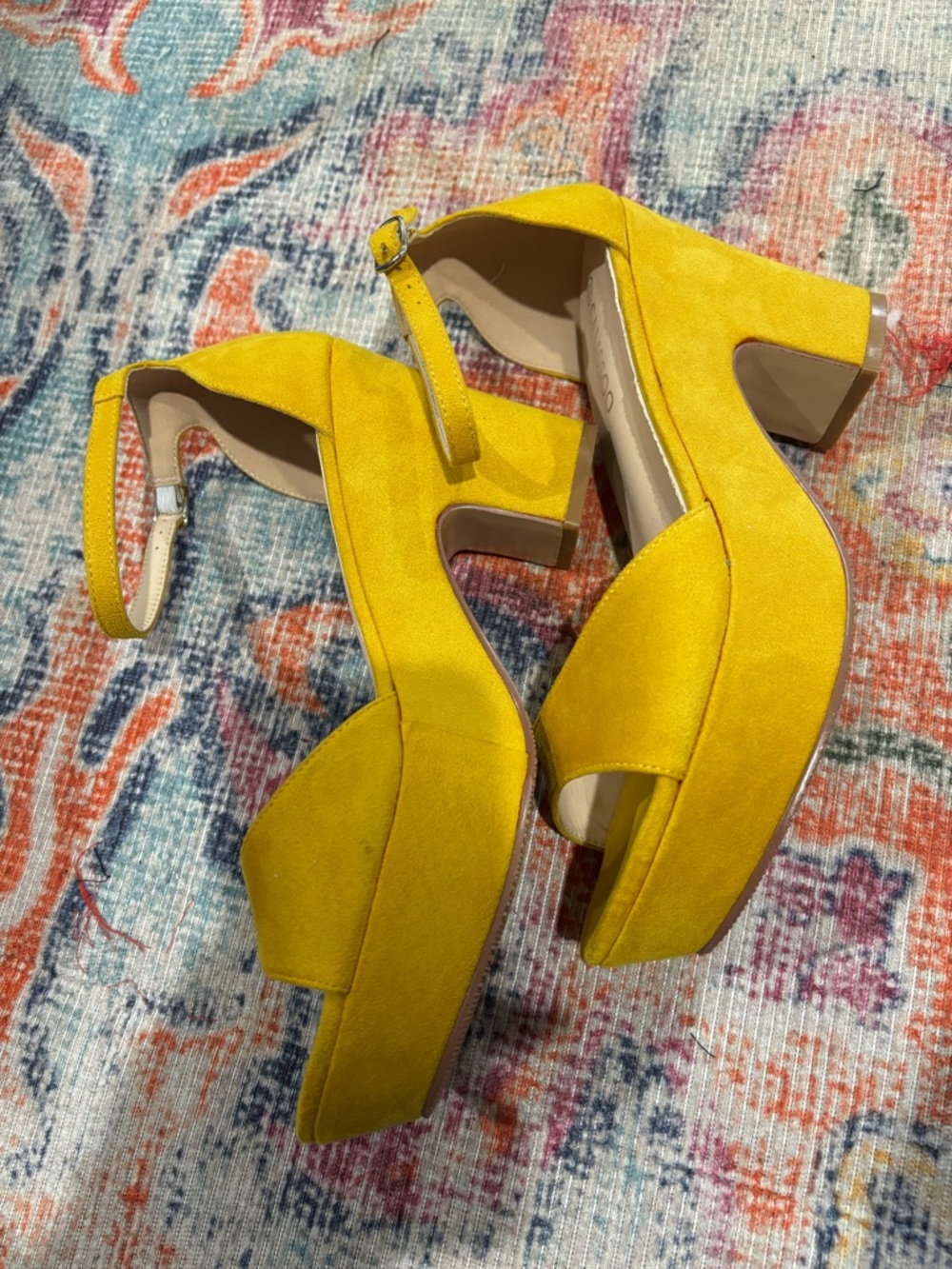 Bright Yellow Suede-Look Platform Sandals with Ankle Strap - Picture 8 of 10